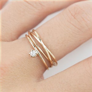 Simple engagement ring set, Minimalist engagement ring set, Modern wedding band delicate small diamond 14k solid gold, rose gold, white gold image 1