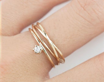 Simple engagement ring set, Minimalist engagement ring set, Modern wedding band delicate small diamond 14k solid gold, rose gold, white gold