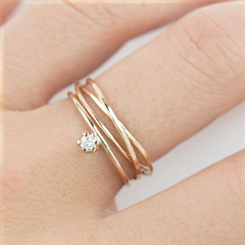 Simple engagement ring set, Minimalist engagement ring set, Modern wedding band delicate small diamond 14k solid gold, rose gold, white gold image 1