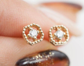 Vintage inspired diamond stud earrings, tiny white diamonds, 14k gold, diamond stud earrings, Vintage inspired earrings Antique style studs