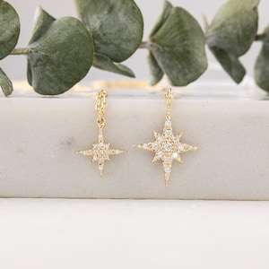 Gold Charm Necklace, Pave Diamond Starburst Necklace, White Diamond Star Necklace, Star charm 14k yellow gold, 14k rose gold, 14 white gold,