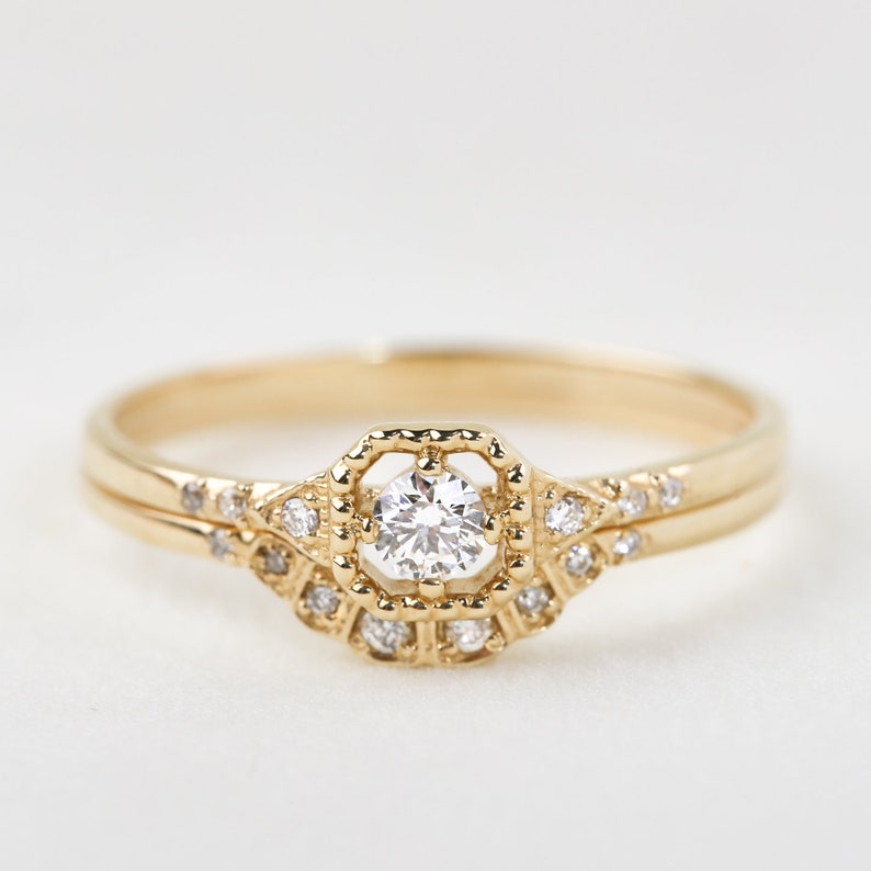 Bruidsset Art deco geïnspireerde diamanten verlovingsring set, unieke vintage geïnspireerde verlovingsring, 14k goud, roségoud, witgoud afbeelding 1