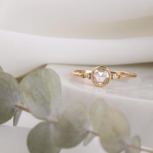 Natural rose-cut diamond bezel-set engagement ring, Low profile, Three stone ring, Vintage inspired three stone engagement 14k gold