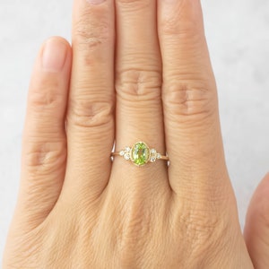 Peridot diamond engagement ring, 14k yellow gold, August birthstone peridot ring, unique alternative peridot engagement ring, Oval peridot image 6