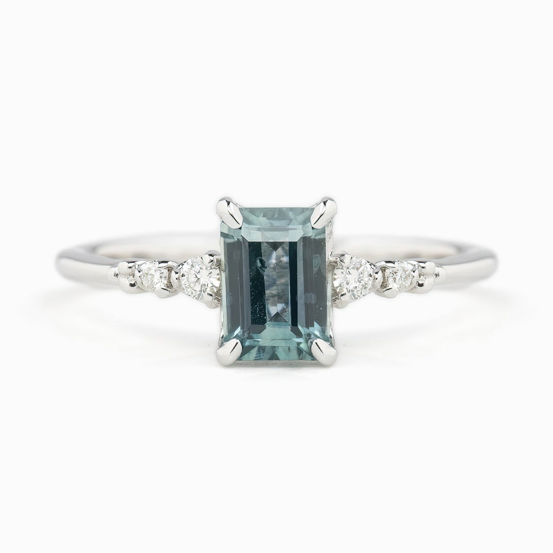 Blue Emerald Engagement Ring, Simple Emerald Diamond Sapphire Ring