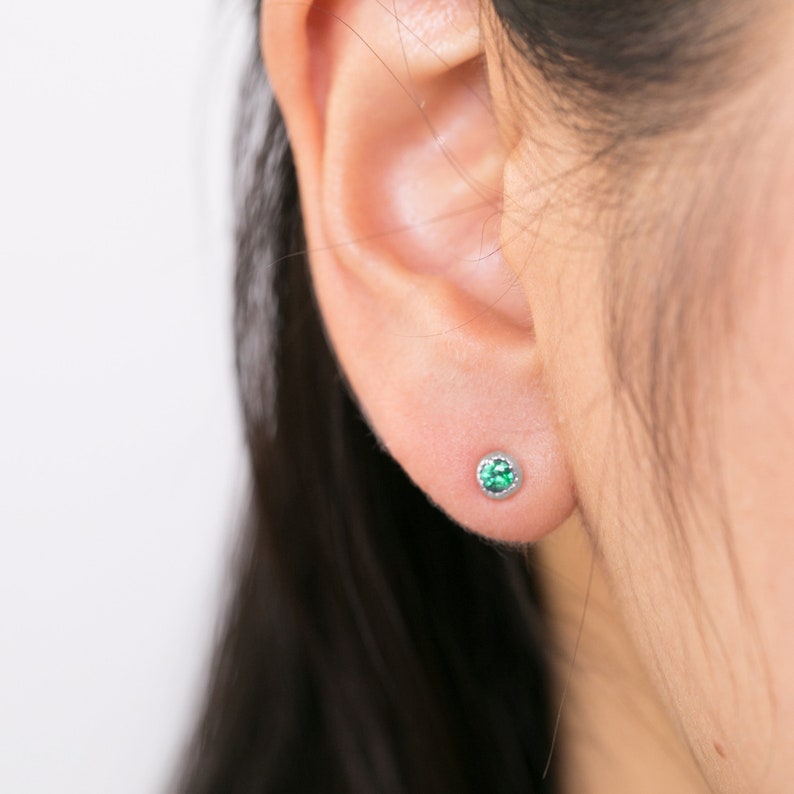 Tiny emerald stud earrings, genuine emerald stud earrings small emerald studs May birthstone studs earring, simple emerald studs, solid gold image 6