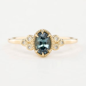 Teal Blue Green Montana Sapphire, Montana Sapphire engagement ring, Solid 14k gold, Vintage inspired sapphire engagement ring