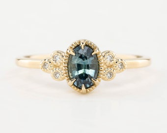 Teal Blue Montana Sapphire, Montana Sapphire engagement ring, Solid 14k gold, Vintage inspired sapphire engagement ring Unique blue sapphire