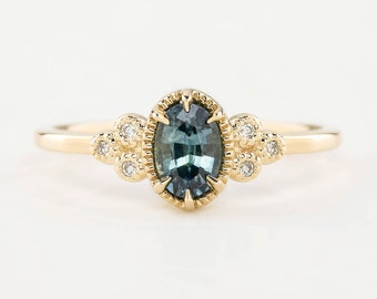 Teal Blue Green Montana Sapphire, Montana Sapphire engagement ring, Solid 14k gold, Vintage inspired sapphire engagement ring