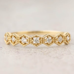 Unique milgrain hexagon diamond band, wedding band, half eternity ring, 14k gold, rose gold, white gold, platinum 950, diamond stacking ring