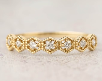 Unique milgrain hexagon diamond band, wedding band, half eternity ring, 14k gold, rose gold, white gold, platinum 950, diamond stacking ring