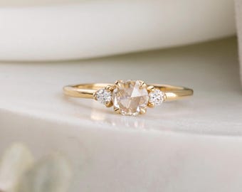 Natural round rose-cut diamond three stone ring, delicate minimal engagement ring, Simple traditional ring, recycled 14k gold