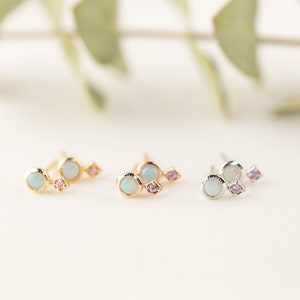 Unique birthstone stud earrings, solid 14k gold, Emerald, Ruby, Peridot Aquamarine, Moonstone, birthstone gift
