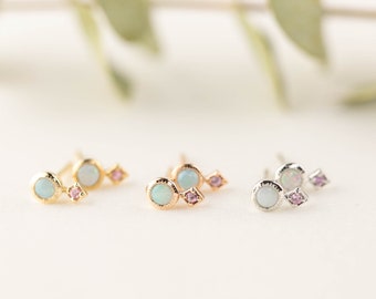 Opal and Pink Tourmaline studs 14k gold earrings, Opal and Tourmaline birthstone gift, Small Opal jewelry, unique October birthday gift