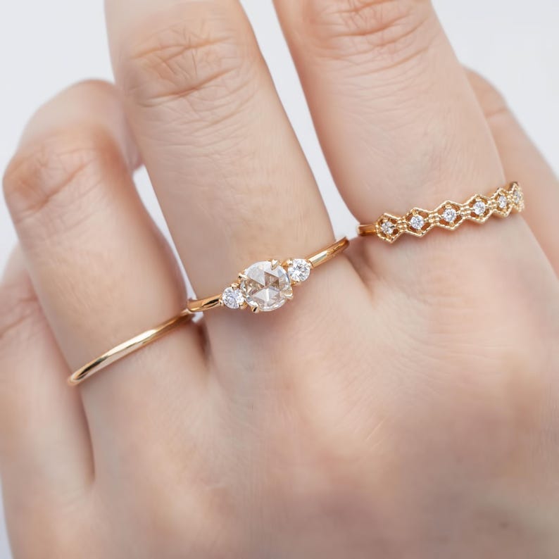 Small Round Rings Natural Round Rose-cut Diamond Three Stone Ring, Delicate Minimal ...