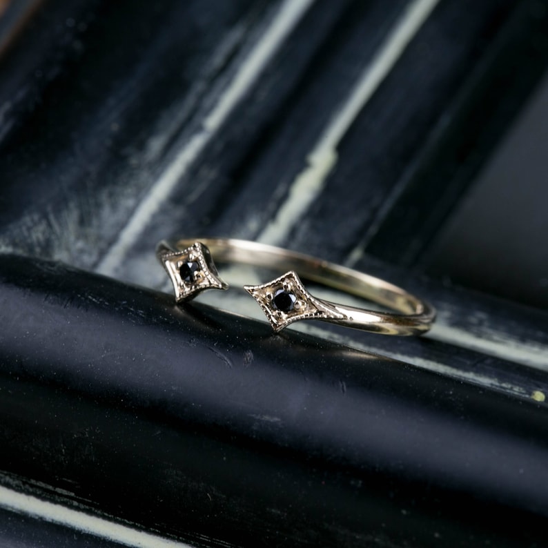 Double Black Diamond Ring Double Star Ring Black Diamond Etsy