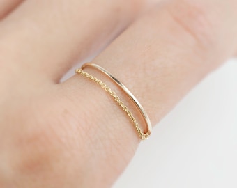 Gold chain ring with 1mm smooth band, 14k solid gold, rose gold, white gold, drape chain ring, simple gold ring, minimalist dainty ring,