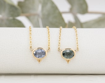 Oval Sapphire Solitaire Necklace, Green Sapphire, Blue Sapphire, September Birthstone Jewelry, 14k Gold Pendant