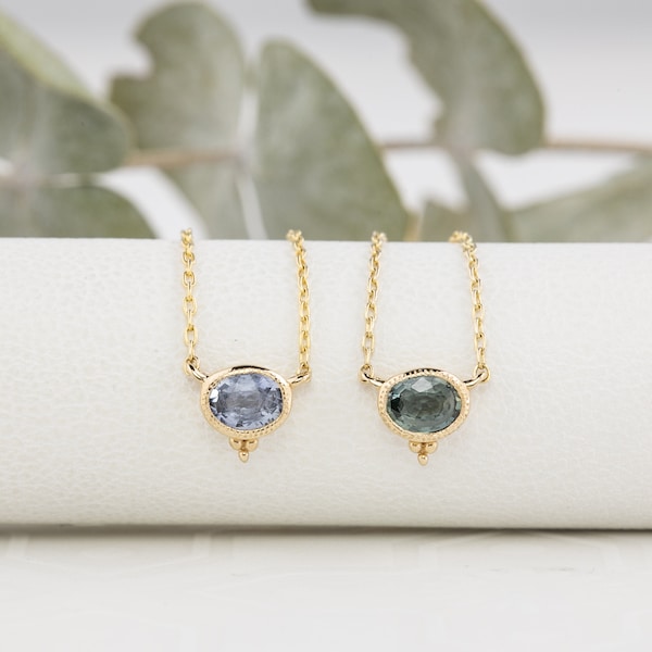 Oval natural sapphire solitaire necklace, Blue Green Sapphire, necklace, September Birthstone Jewelry 14k gold