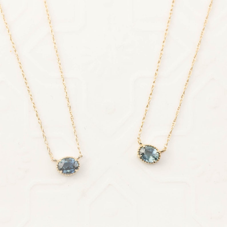 Oval natural sapphire solitaire necklace, Blue Green Sapphire, necklace, September Birthstone Jewelry 14k gold image 1