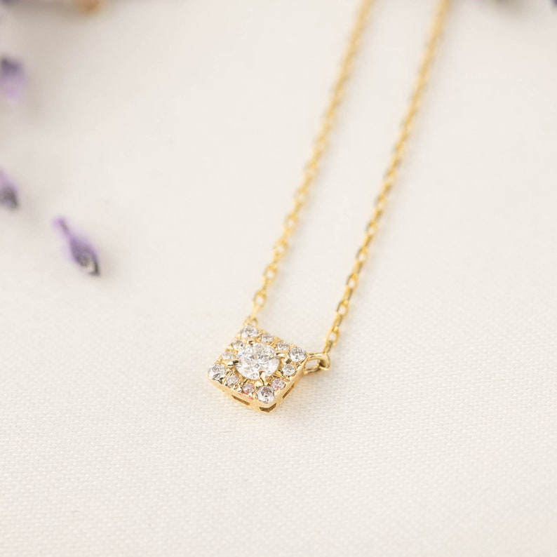 Diamond Halo Necklace 14k Yellow Gold Rose Gold Square | Etsy