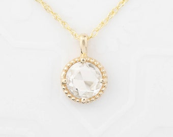 14k gold diamond necklace, diamond floating necklace, rose cut diamond necklace, simple round diamond solitaire necklace, diamond pendant