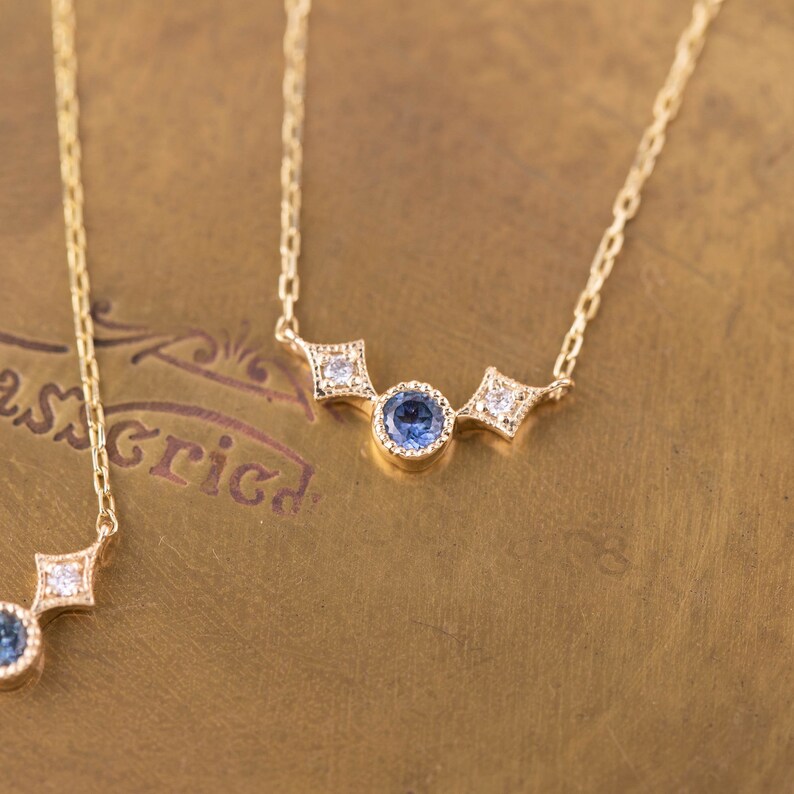 Three stone necklace solid 14k yellow gold, Montana sapphire & diamond necklace, Unique Montana Sapphire jewelry, three stone necklace image 9