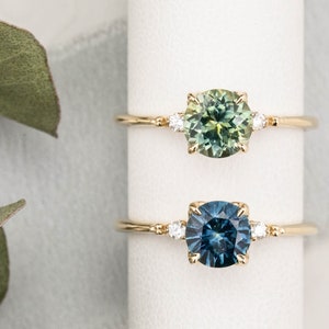 Round Montana Sapphire Engagement Ring, Large Green sapphire ring, Blue Green, Teal, 14k solid gold, Over 1.5ct Diamond three stone ring