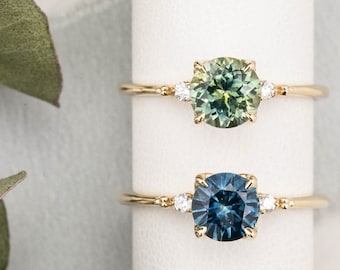 Round Montana Sapphire Engagement Ring, Large Green sapphire ring, Blue Green, Teal, 14k solid gold, Over 1.5ct Diamond three stone ring