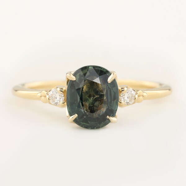 1.93ct Peacock green sapphire engagement ring, Oval green sapphire ring, One of a kind green sapphire engagement ring, Unique sapphire ring