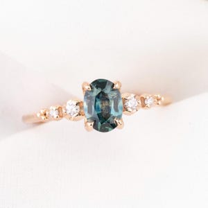 Oval Montana Sapphire Engagement Ring, 14k rose gold, Vintage inspired oval blue green Sapphire diamond ring, unique oval sapphire ring