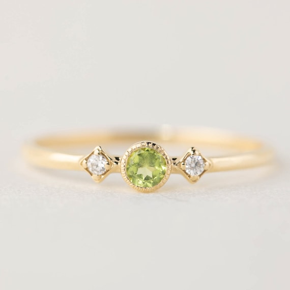 Solid 14k Gold Peridot and Diamond Ring Three Stone Engagement
