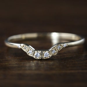 Curved diamond wedding band, 14k gold, rose gold, white gold, art deco inspired wedding nesting ring, wedding band, unique wedding band