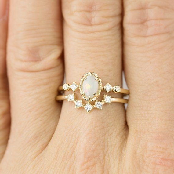 Anillo De Compromiso De ópalo En Oro Rosa, Conjunto Nupcial, Anillo De Boda Con Diamantes De Talla Ovalada, Piedra Natal De Octubre, Promesa, Banda Curva De Tres Piedras Con Chevron, 2 Piezas