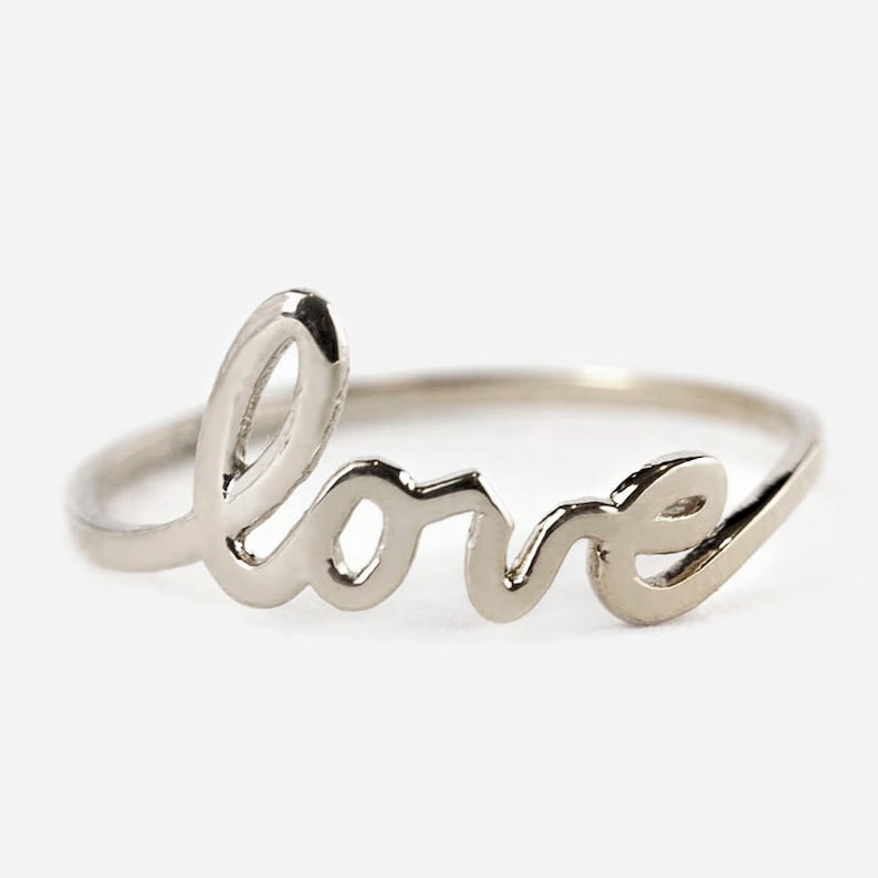 Love ring, script love ring, Solid 14k gold, rose gold, white gold, yellow gold, promise love ring, dainty love ring, size 7, ready ship 14k white (4weeks)