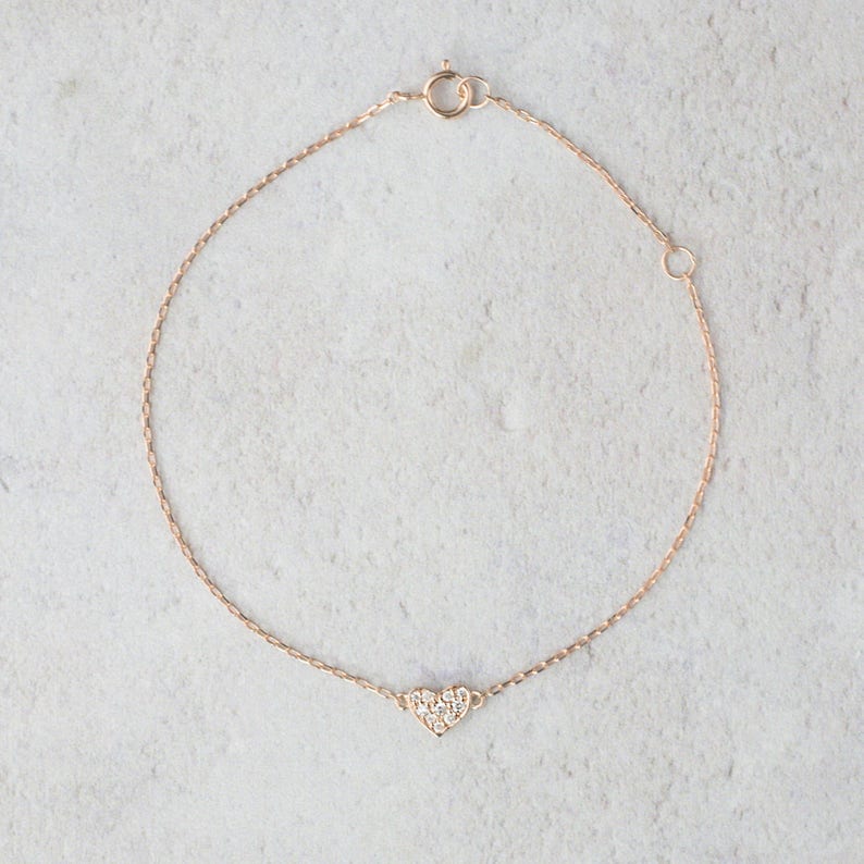 Diamond Heart Pave Bracelet, 14k solid gold, rose gold, white gold heart bracelet, diamond heart bracelet, dainty heart valentines gift image 5