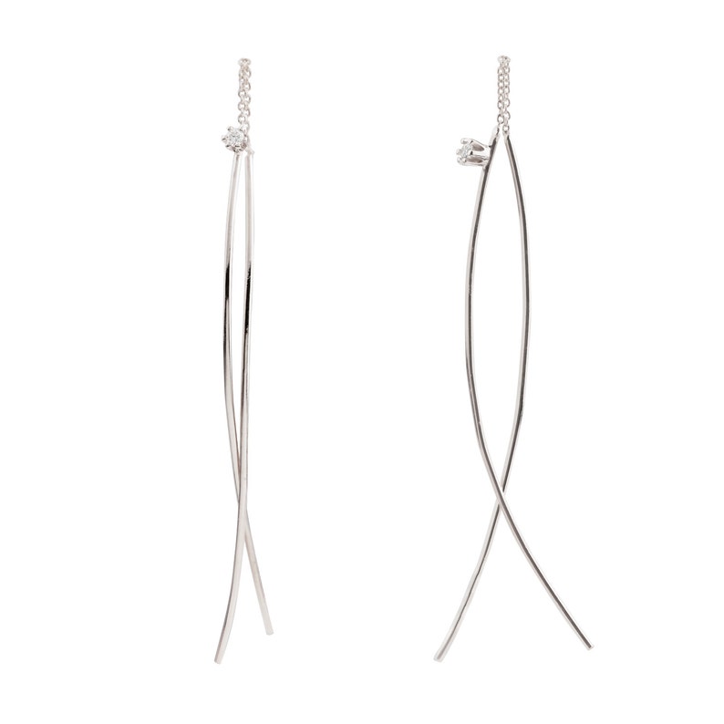 Curved Bar Threader Earring With Diamond 14k White Gold Rose Etsy