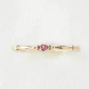 Pink Tourmaline Birthstone Stack Ring, Tiny tourmaline stacking ring, October birthday gift, unique birthday jewelry gift, 14k yellow gold imagem 1