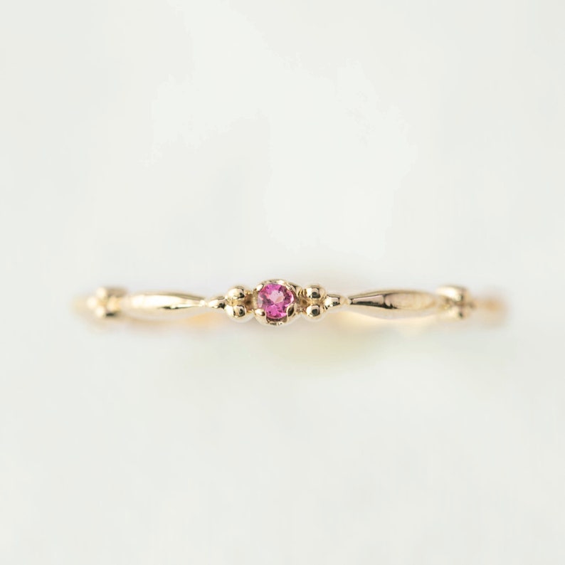 Pink Tourmaline Birthstone Stack Ring, Tiny tourmaline stacking ring, October birthday gift, unique birthday jewelry gift, 14k yellow gold image 1