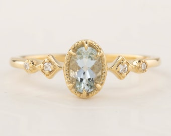 Aquamarine statement ring, Oval aquamarine solitaire ring, Unique aquamarine ring, Aquamarine jewelry, March birthstone ring, Solid 14k ring