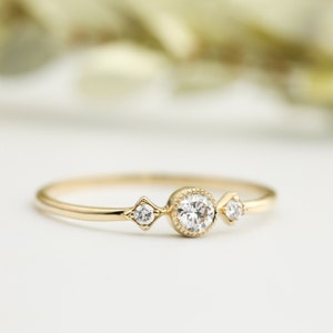 14k gold unique diamond engagement ring, solid 14k delicate gold engagement ring, vintage antique inspired ring, 0.12ct G SI diamond ring image 3