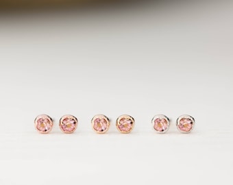 Pink sapphire stud earrings, Genuine pink sapphire earrings, 14k solid gold, rose gold, white gold, 1.5mm, 2mm, dainty tiny pink studs