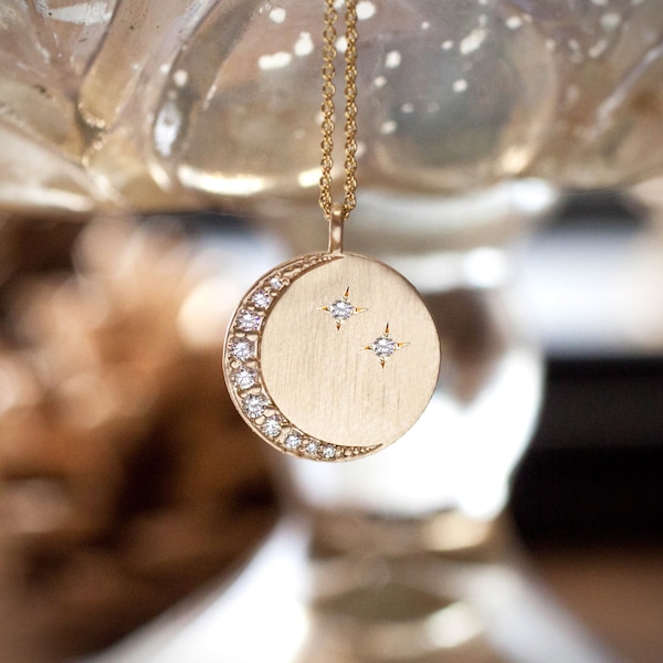 Crescent moon necklace, mother necklace personalize, I love you to the moon and back, 14k gold, rose gold, white gold diamond ENVERO