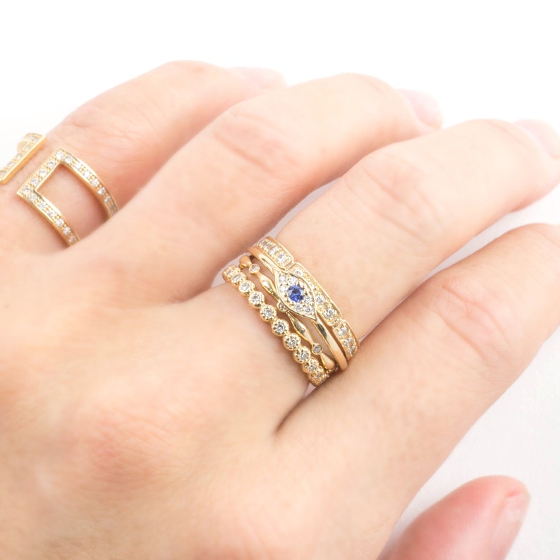 Evil eye ring, Eye ring, Evil eye stacking ring, 14k solid gold, rose gold, white gold, blue sapphire, white diamond, evil eye ring image 3