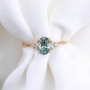 One of a kind Montana Sapphire Ring, blue sapphire diamond cluster ring, Vintage inspired green sapphire engagement ring, 14k gold