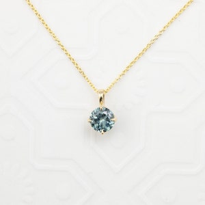 Sapphire Solitaire Necklace, Round Montana Sapphire, 14k yellow gold, Teal blue sapphire floating necklace, Unique blue sapphire jewelry