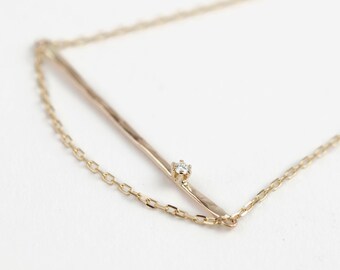 14K Gold Hammered Bar Necklace with Diamond Accent, FINAL SALE