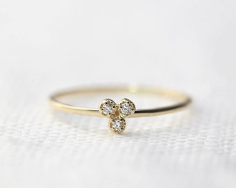 14k gold diamond trio ring, diamond cluster dainty diamond stack ring, small diamond trio ring, solid 14k yellow gold, rose gold, white gold