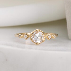 0.48ct Natural round rose-cut diamond engagement ring, unique hexagon diamond ring, star theme diamond ring, bezel set, low profile 14k gold