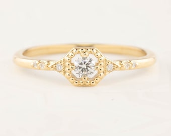 Unique diamond engagement ring, Art deco inspired ring, white diamond engagement ring, Square setting 14k yellow gold rose gold white gold